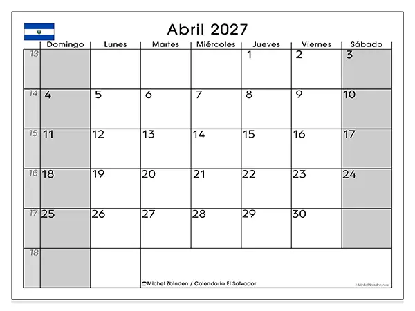 Calendario de abril de 2027 para imprimir - El Salvador