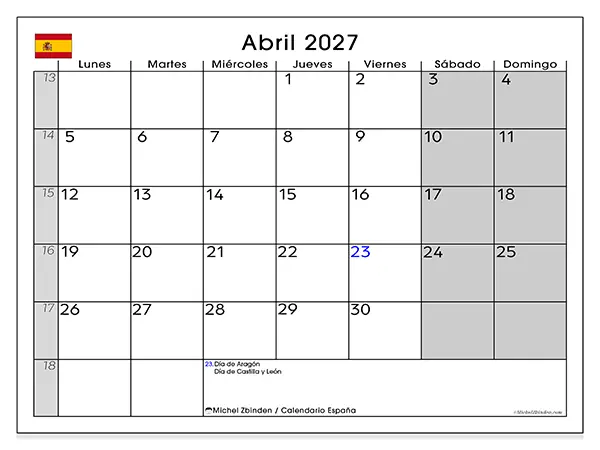Calendario de abril de 2027 para imprimir - España
