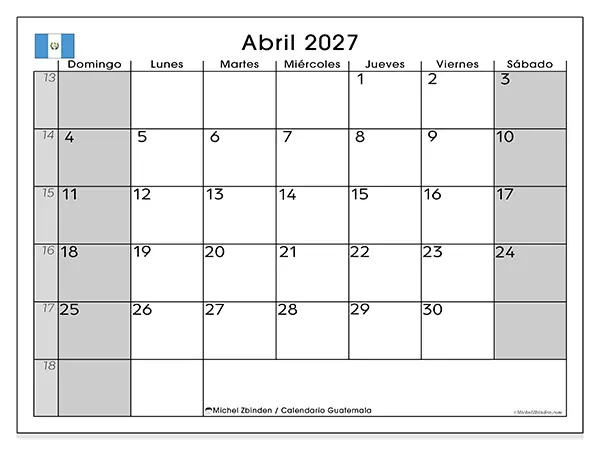 Calendario de abril de 2027 para imprimir - Guatemala