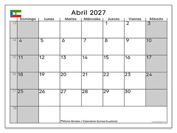 Calendario de abril de 2027 para imprimir - Guinea Ecuatorial