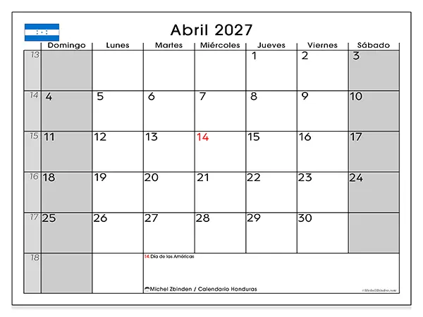 Calendario de abril de 2027 para imprimir - Honduras