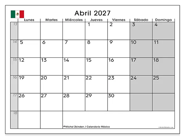 Calendario de abril de 2027 para imprimir - México