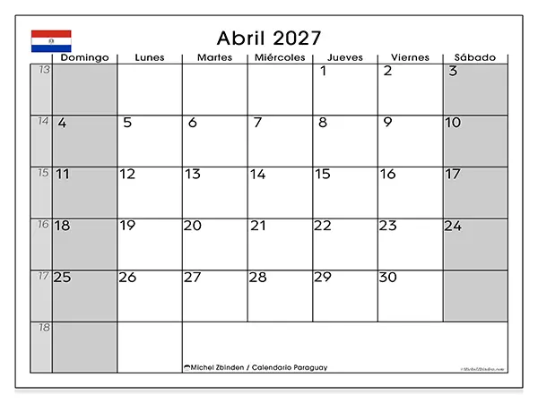 Calendario de abril de 2027 para imprimir - Paraguay