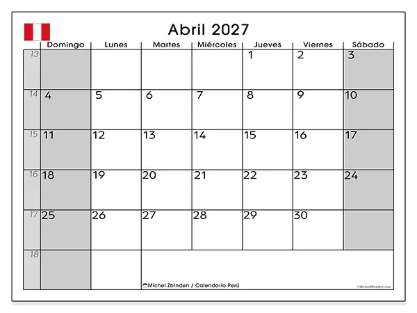 Calendario de abril de 2027 para imprimir - Perú