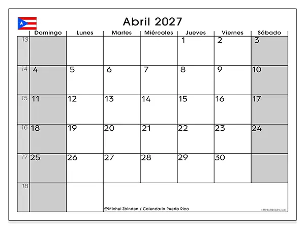 Calendario de abril de 2027 para imprimir - Puerto Rico