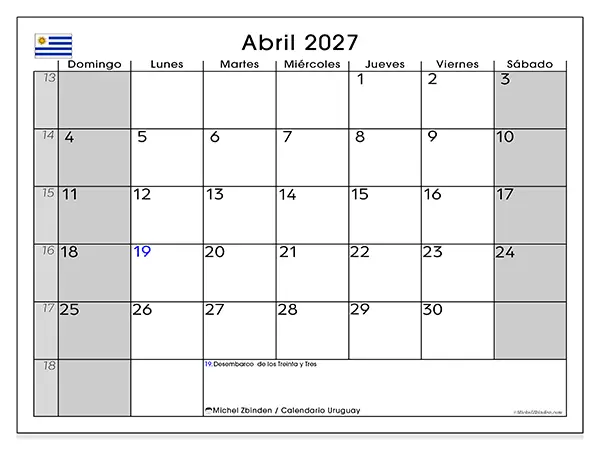 Calendario de abril de 2027 para imprimir - Uruguay