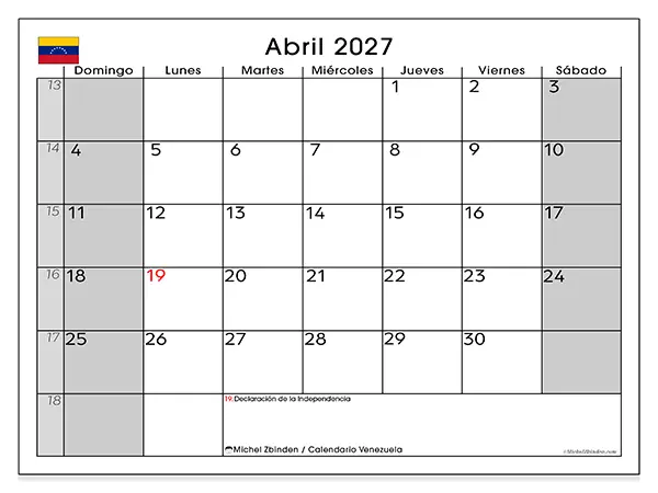 Calendario de abril de 2027 para imprimir - Venezuela