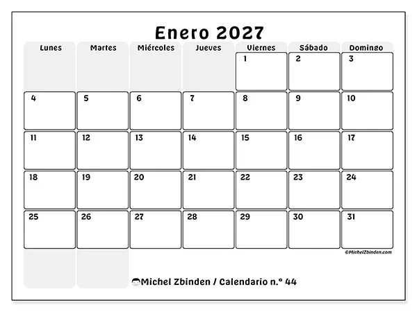Calendario de enero de 2027 para imprimir - Planificación estructurada