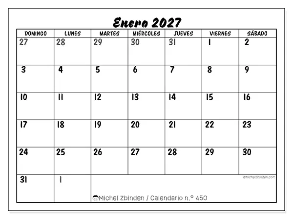 Calendario de enero de 2027 para imprimir - Organización detallada - Semana de domingo a sábado