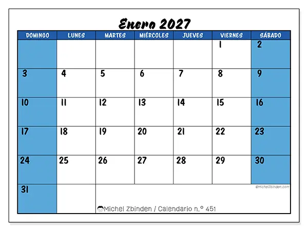 Calendario de enero de 2027 para imprimir - Organización dinámica - Semana de domingo a sábado