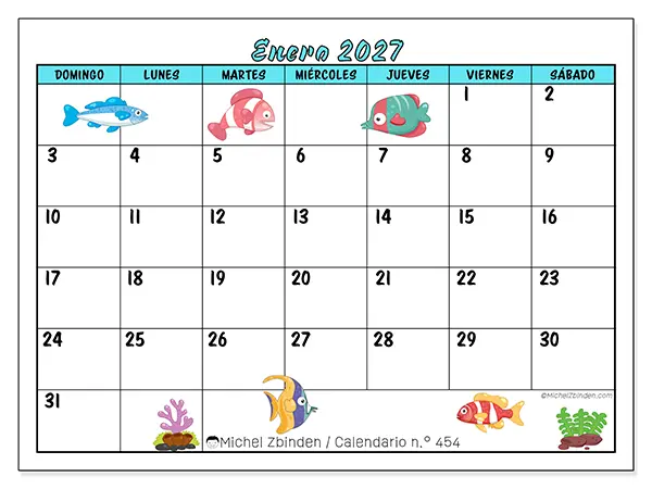 Calendario de enero de 2027 para imprimir - Peces coloridos - Semana de domingo a sábado