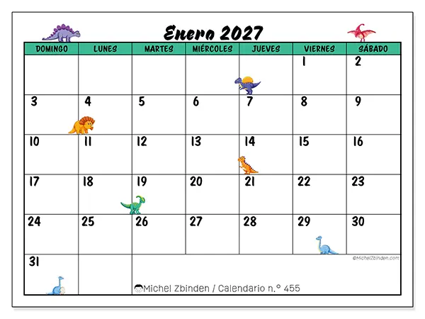 Calendario de enero de 2027 para imprimir - Pequeños dinosaurios - Semana de domingo a sábado