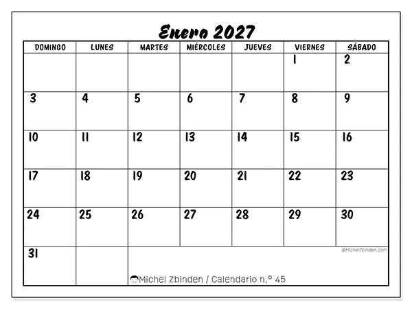 Calendario de enero de 2027 para imprimir - Éxito escolar - Semana de domingo a sábado