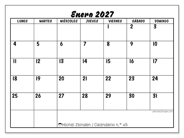 Calendario de enero de 2027 para imprimir - Éxito escolar