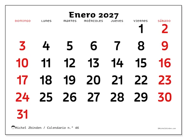 Calendario de enero de 2027 para imprimir - Visión clara - Semana de domingo a sábado