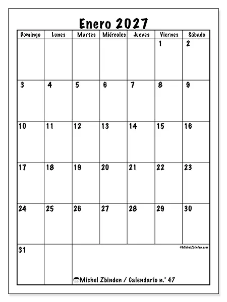 Calendario de enero de 2027 para imprimir - Planificación eficiente - Semana de domingo a sábado
