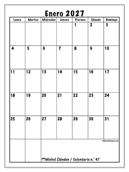 Calendario de enero de 2027 para imprimir - Planificación eficiente