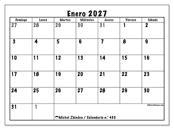 Calendario de enero de 2027 para imprimir - Planificación completa - Semana de domingo a sábado