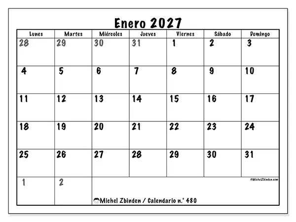 Calendario de enero de 2027 para imprimir - Planificación completa