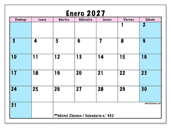 Calendario de enero de 2027 para imprimir - Horario de equipo - Semana de domingo a sábado