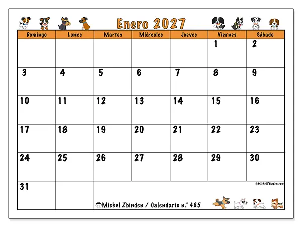 Calendario de enero de 2027 para imprimir - Perros entusiastas - Semana de domingo a sábado