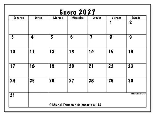 Calendario de enero de 2027 para imprimir - Eficiencia diaria - Semana de domingo a sábado