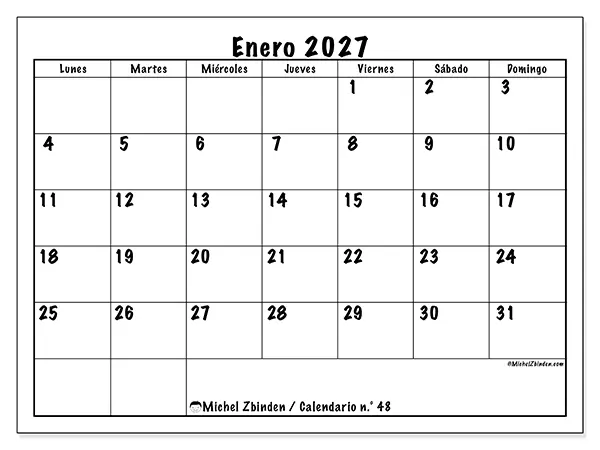 Calendario de enero de 2027 para imprimir - Eficiencia diaria