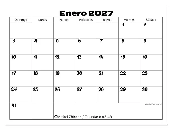 Calendario de enero de 2027 para imprimir - Coordinación productiva - Semana de domingo a sábado