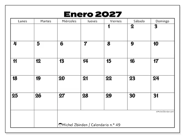 Calendario de enero de 2027 para imprimir - Coordinación productiva
