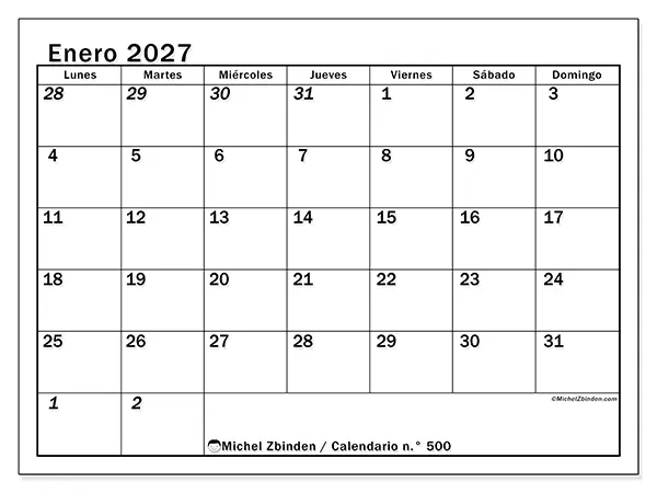 Calendario de enero de 2027 para imprimir - Planificación intensiva