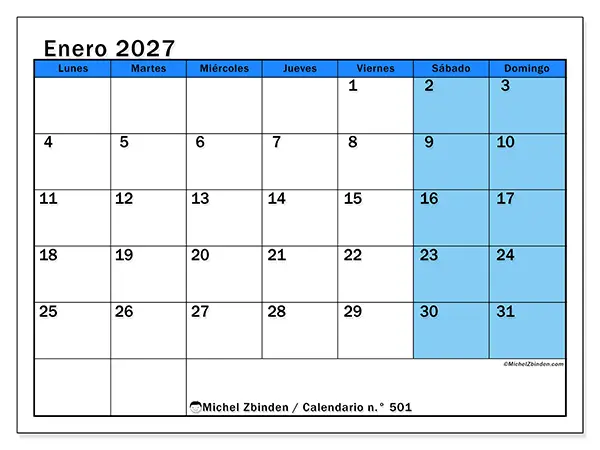 Calendario de enero de 2027 para imprimir - Estudios dinámicos