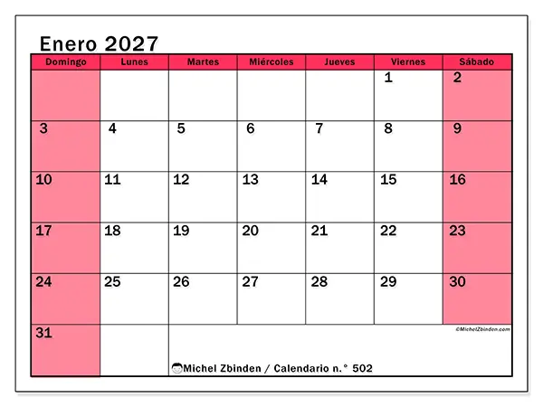 Calendario de enero de 2027 para imprimir - Gestión luminosa - Semana de domingo a sábado