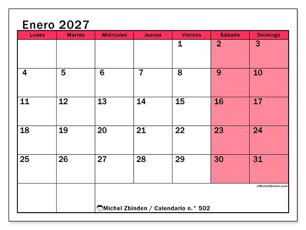 Calendario de enero de 2027 para imprimir - Gestión luminosa
