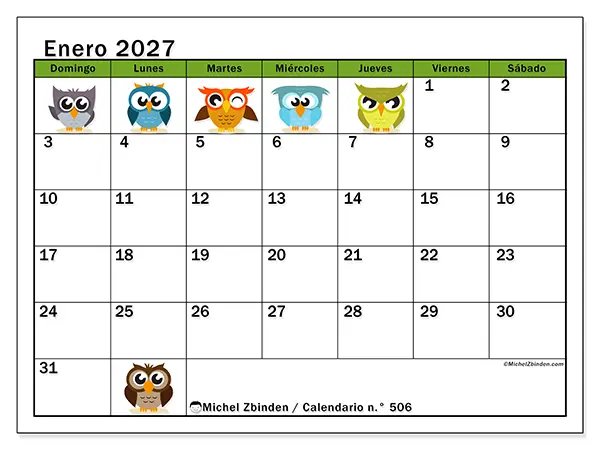 Calendario de enero de 2027 para imprimir - Búhos divertidos - Semana de domingo a sábado