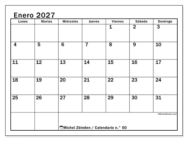 Calendario de enero de 2027 para imprimir - Planificación óptima