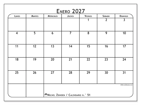 Calendario de enero de 2027 para imprimir - Planificador de comidas