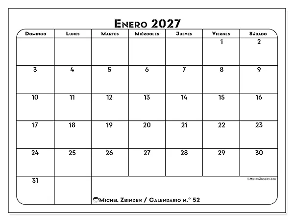 Calendario de enero de 2027 para imprimir - Organización profesional - Semana de domingo a sábado