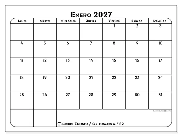 Calendario de enero de 2027 para imprimir - Organización profesional