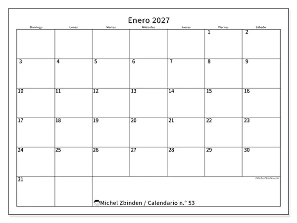 Calendario de enero de 2027 para imprimir - Horario eficiente - Semana de domingo a sábado