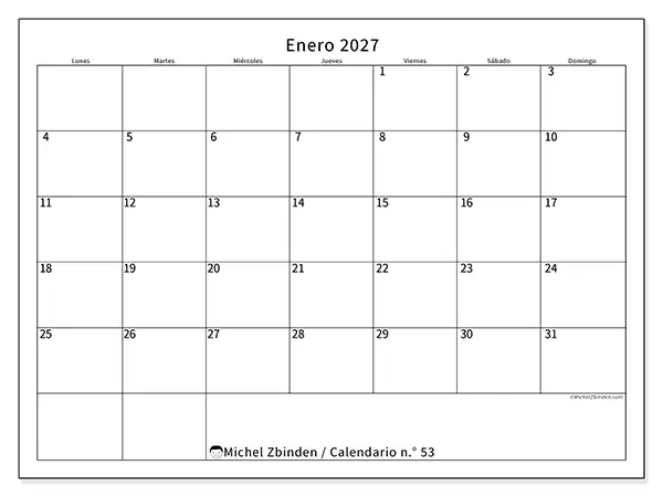 Calendario de enero de 2027 para imprimir - Horario eficiente