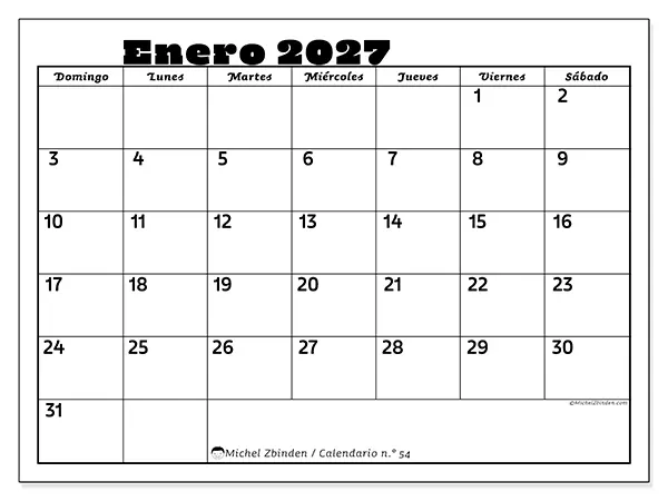 Calendario de enero de 2027 para imprimir - Actividades en familia - Semana de domingo a sábado