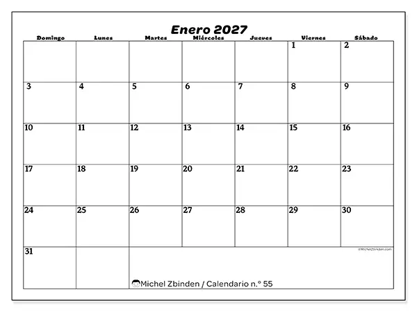 Calendario de enero de 2027 para imprimir - Organización del ocio - Semana de domingo a sábado