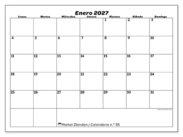 Calendario de enero de 2027 para imprimir - Organización del ocio