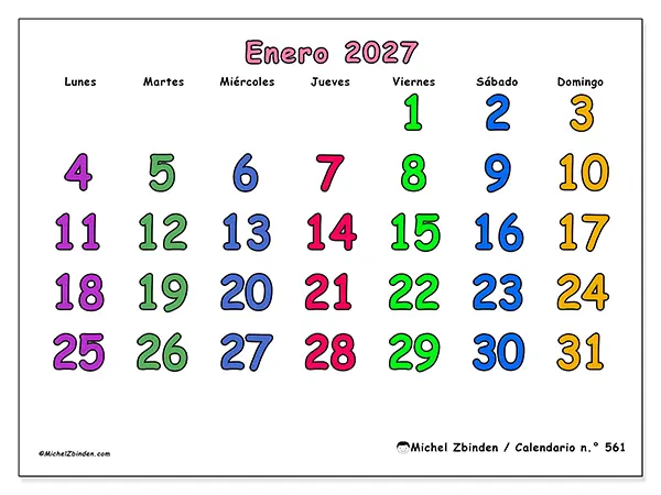 Calendario de enero de 2027 para imprimir - Momentos creativos