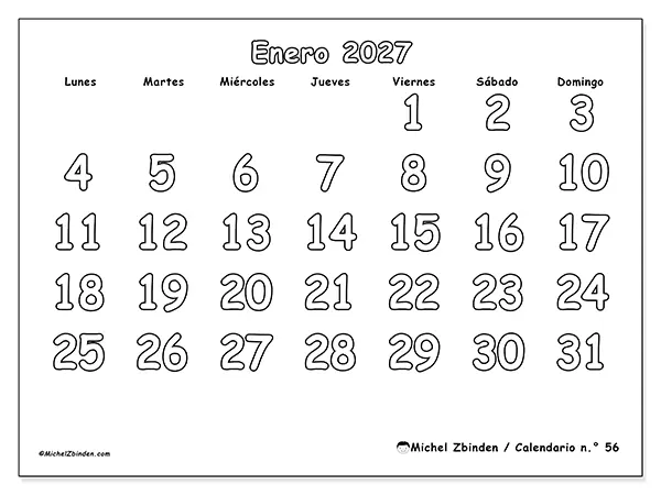 Calendario de enero de 2027 para imprimir - Colorear útil