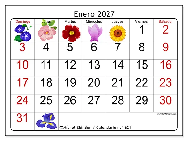Calendario de enero de 2027 para imprimir - Flores grandes - Semana de domingo a sábado