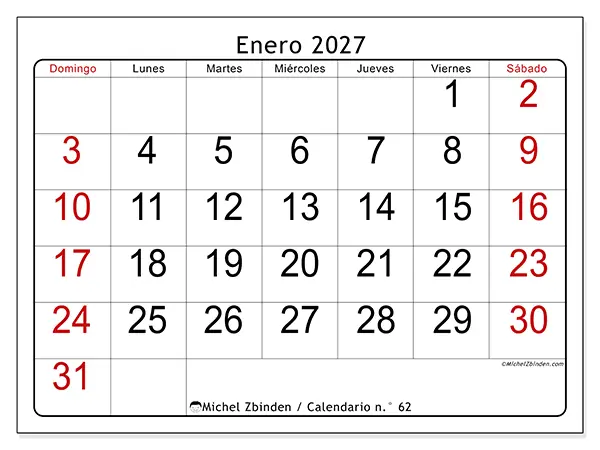 Calendario de enero de 2027 para imprimir - Lectura rápida - Semana de domingo a sábado