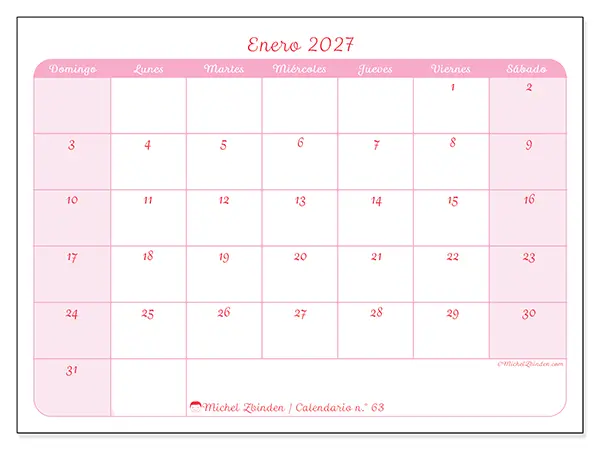 Calendario de enero de 2027 para imprimir - Organización en suavidad - Semana de domingo a sábado