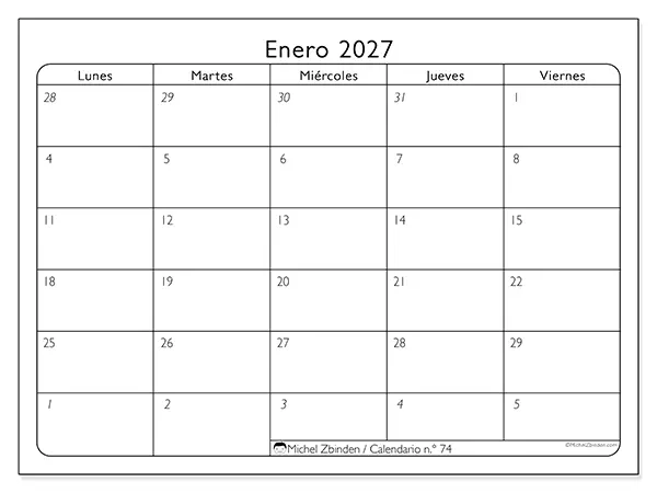 Calendario de enero de 2027 para imprimir - Organización del trabajo
