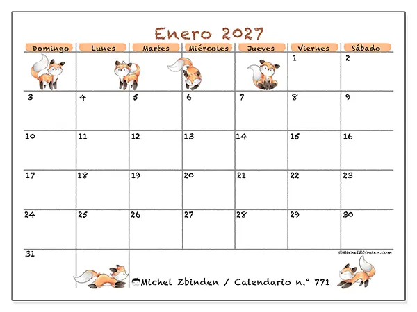 Calendario de enero de 2027 para imprimir - Dibujos de zorros - Semana de domingo a sábado